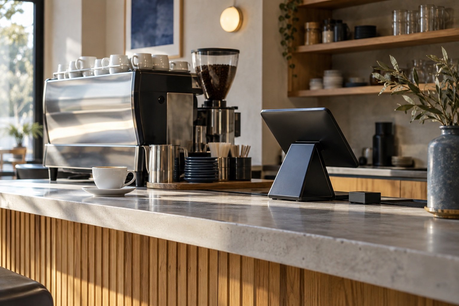 İşıqlı kafe piştaxtasında POS terminalı, qəhvə fincanı və espresso maşını
